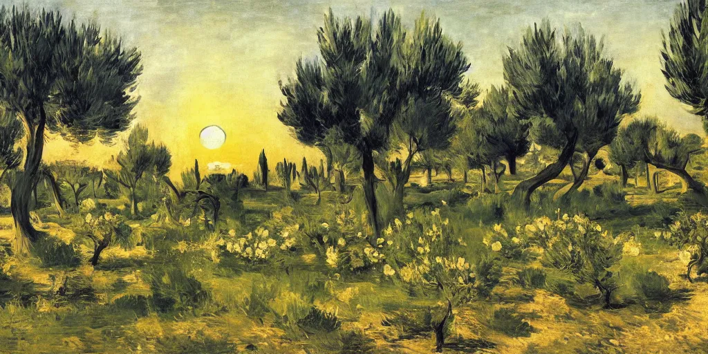 Prompt: flourishing blooming garden full of olive trees in italy, painting by manet, matte painting, canvas, 4 k, 8 k, high detail, golden hour, sunset, epic light, shadows, contrast,