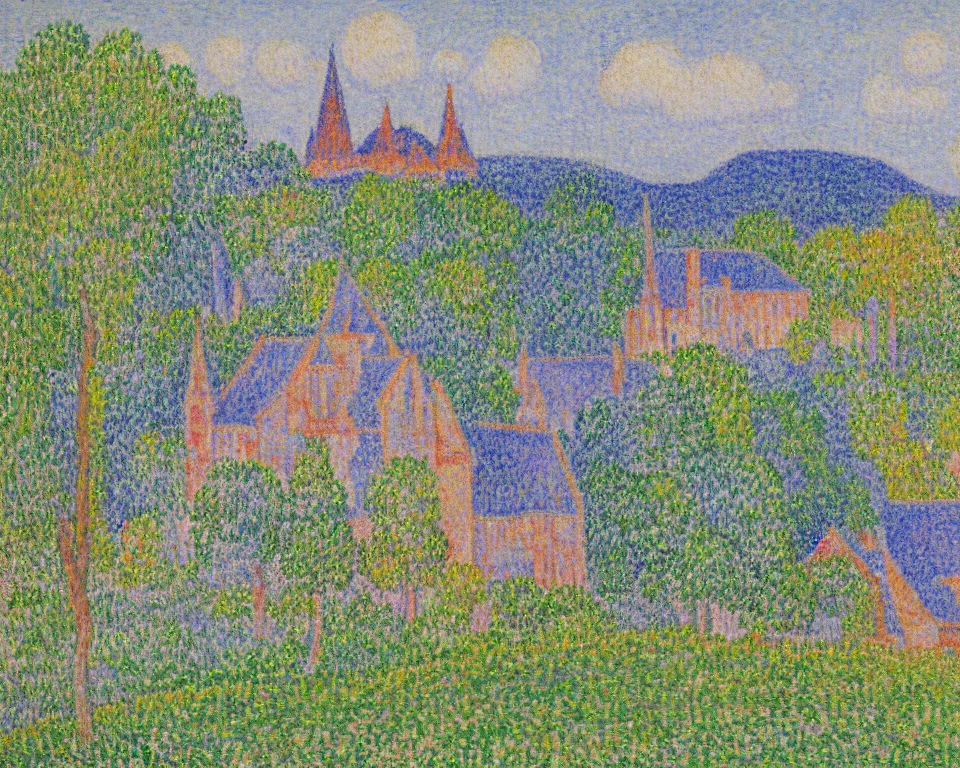 Image similar to pastel landscape painting of a chateau on top of a by Paul Signac.