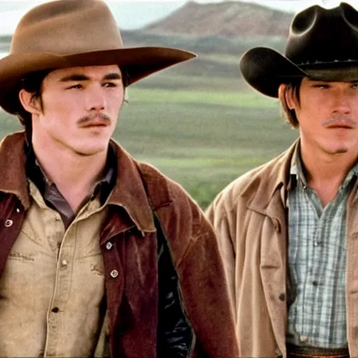 Image similar to a romantic scene from brokeback mountain starring josh hartnett as ennis del mar and heath ledger as jack twist