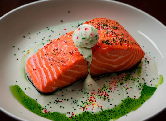 Prompt: dslr food photograph of salmon and wasabi ice cream sundae with salmon roe and wasabi drizzle, 8 5 mm f 1. 8