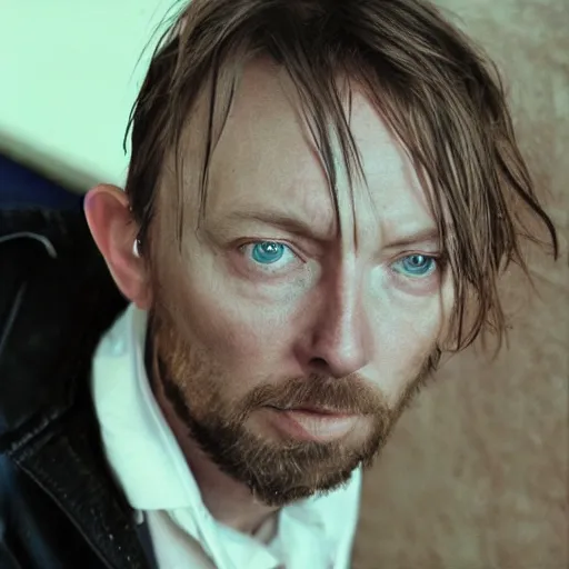 Prompt: thom yorke singer songwriter spherical tiny round eye pupils, eyes reflecting into eyes reflecting into infinity, dramatic lighting