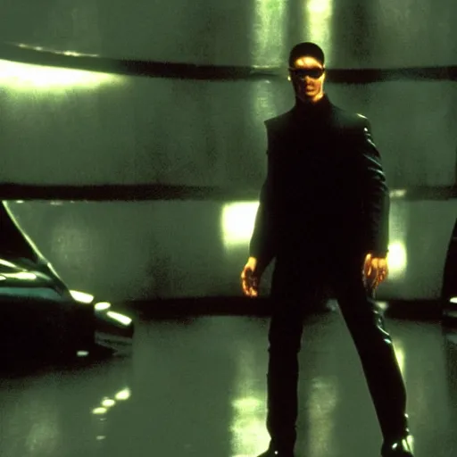 Image similar to Tom Cruise as Neo in The Matrix, movie still