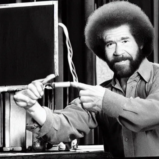 Image similar to Bob Ross showing off his nunchuck skills, action photography