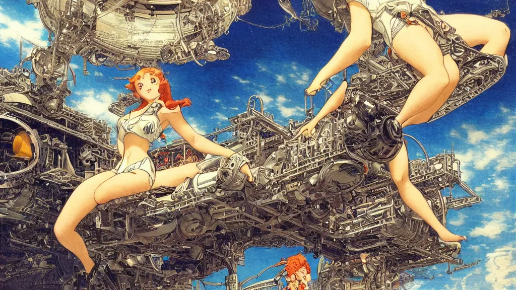 Prompt: a film still of a 1 9 5 0's mechanic anime girl sitting on top of flying ufo landing in hangar of giant ufo spaceship, intricate linework, finely detailed features, full body mid shot, perfect art, trending on pixiv fanbox, painted by gaston bussiere, makoto shinkai, akihiko yoshida, gaston bussiere, craig mullins