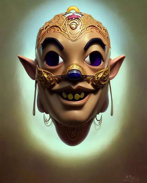 Prompt: portrait of disney happy mask salesman from zelda, intricate, elegant, highly detailed, my rendition, digital painting, artstation, concept art, smooth, sharp focus, illustration, art by artgerm and greg rutkowski and alphonse mucha and uang guangjian and gil elvgren and sachin teng and wlop, symmetry!!