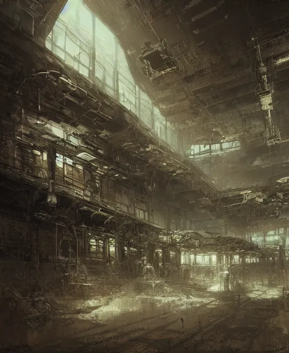 Image similar to the interior of a grim steampunk military headquarters, by HR Giger and Beksiński and Stephan Martiniere , 4k resolution, detailed, trending on artstation