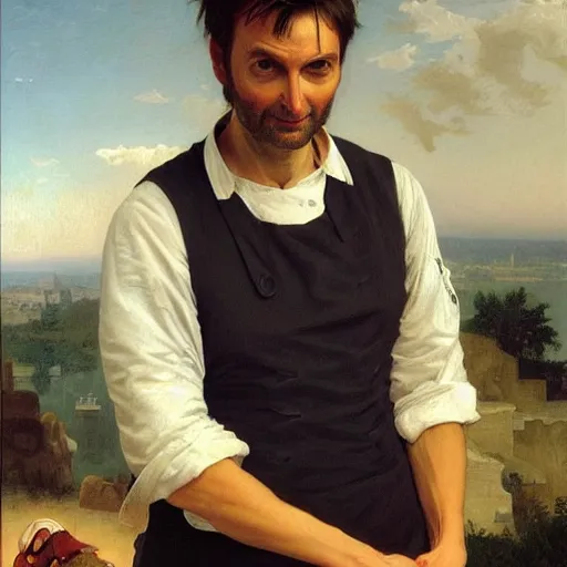 Image similar to David Tennant as a chef, detailed oil painting by Bouguereau