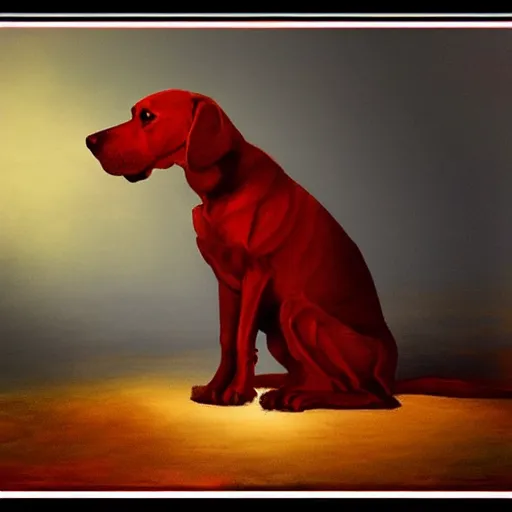 Image similar to A red dog sitting in the middle with red spots. in the art style of William Turner. Dramatic lighting, minimal painting, high resolution. Positive vibes