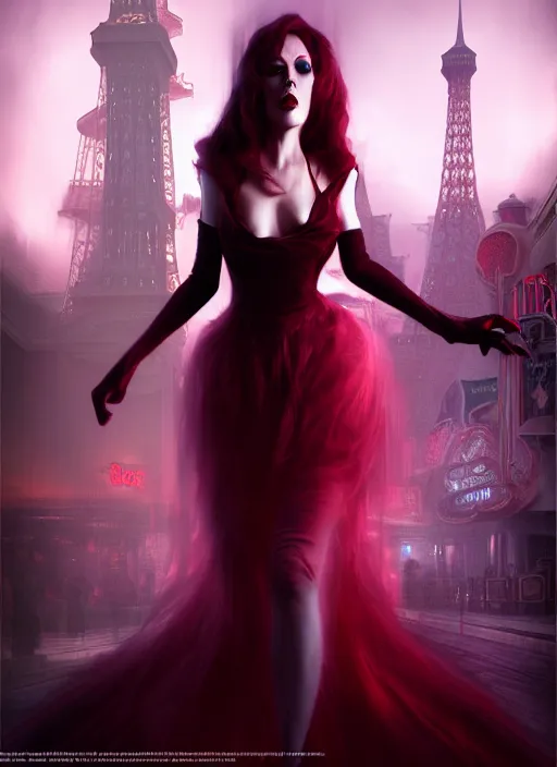 Image similar to realistic matte painting, full length portrait, the duchess of blood owns the las vegas strip, vampire, highly detailed, CGsociety, concept art, HDR, hyper realistic, volumetric lighting, subsurface scattering, unreal