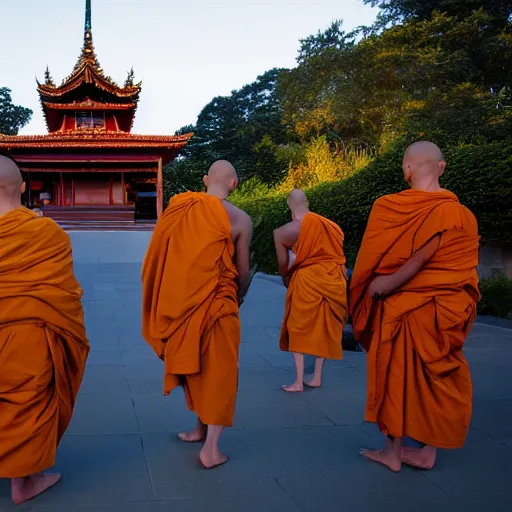 Prompt: several monks outside a buddhist temple, twilight, golden hour,