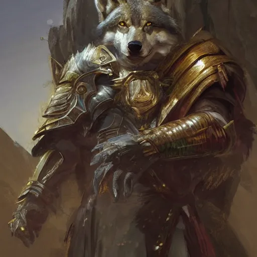 Prompt: digital art painting of and an anthropomorphic wolf wearing armored robes, dnd portrait painted by craig mullins and gaston bussiere and greg rutkowski