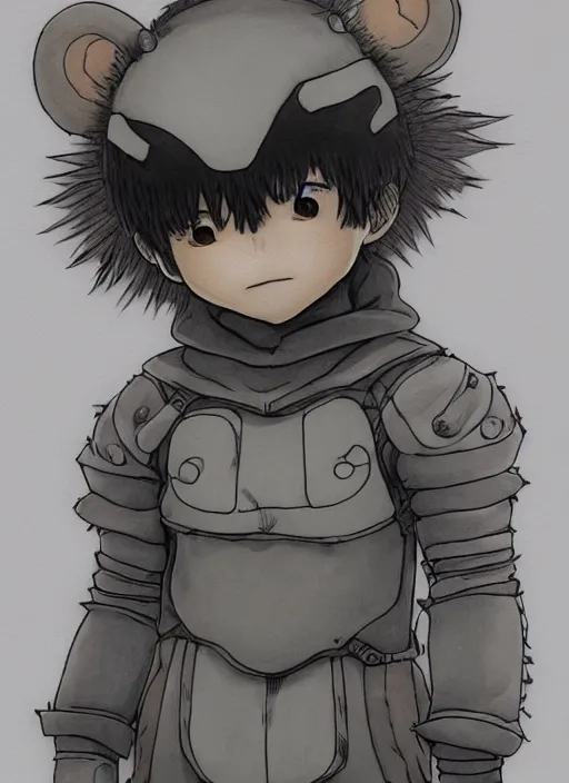 Image similar to beautiful little boy wearing an cyborg bear suit, artwork in kentaro miura and made in abyss and rosdraws, smooth, beautiful lightness, anatomically correct, trending on pixiv, forest