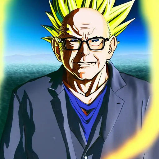 Prompt: portrait of Bernie Sanders from dragon ball z with glowing golden aura flying over a desert field, super saiyan 3, yellow spiky hair, digital art