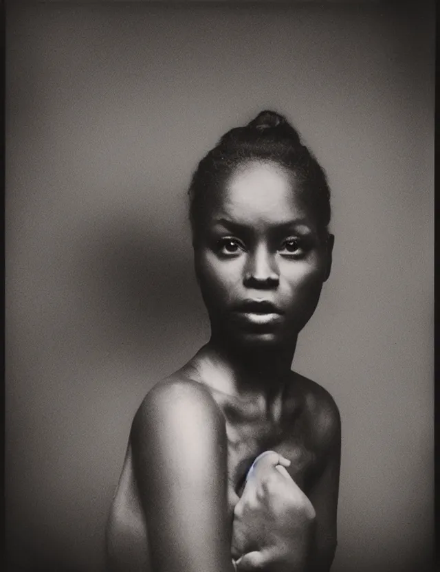 Image similar to conceptual polaroid photo with flash, portrait of a dark skin woman model in top with smokey eyes, polaroid photo bleached strong lights, kodak film stock, hyper real, stunning moody cinematography, with anamorphic lenses, by maripol, detailed