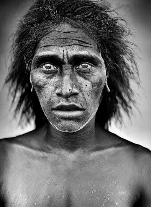 Image similar to Award winning Editorial photo of a Native Nauruans with incredible hair and beautiful hyper-detailed eyes wearing traditional garb by Lee Jeffries, 85mm ND 5, perfect lighting, gelatin silver process