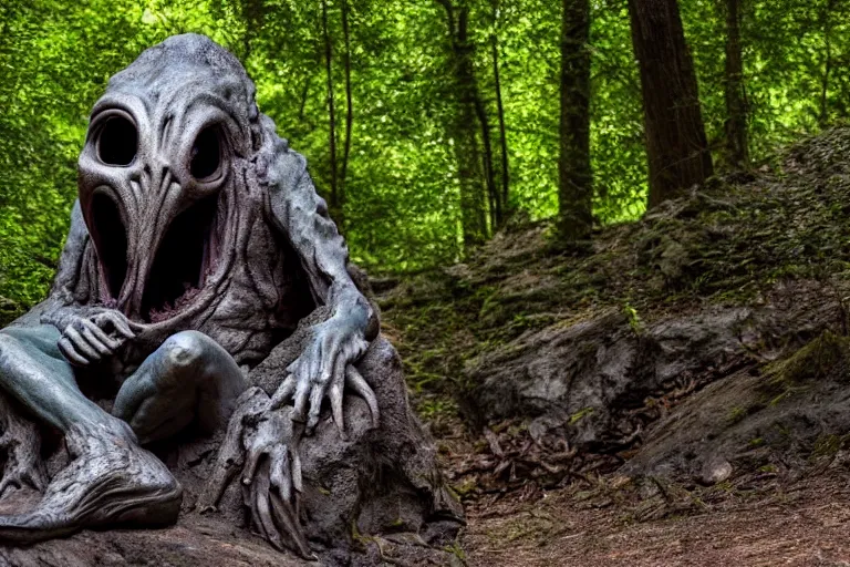 Image similar to high quality scary alienated monster statue sitting at the entrance of a cave in the middle of a forrest, highly detailed, cinematic smooth, stephen shore & john j. park, soft morning light, wide shot, high angle, uhd 8 k, deep focus