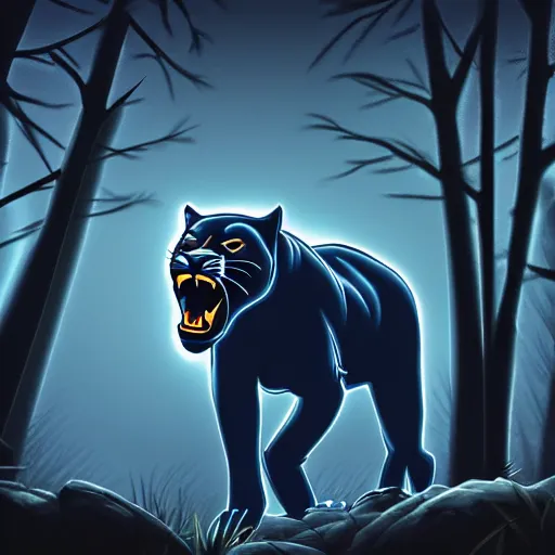 Image similar to a panther roaring at the moon in a forest during the night, large moon in the center. high quality. artistic. illustration. 4 k. cinematic. photoreal. highly detailed. dramatic. dark colors. night.