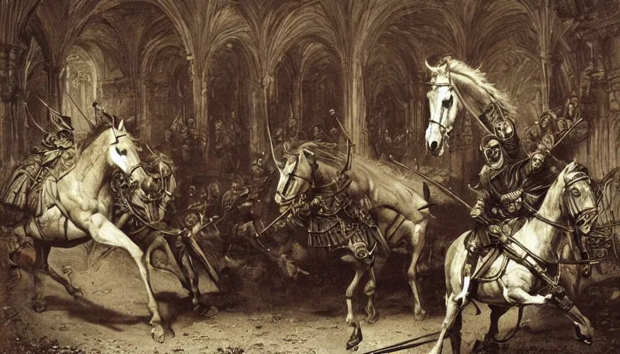 Image similar to big opened book, don quixote leave the book by horse, opened book page, cinematic romantic magical masterpiece, by gene wolfe, highly detailed painting by gustave dore