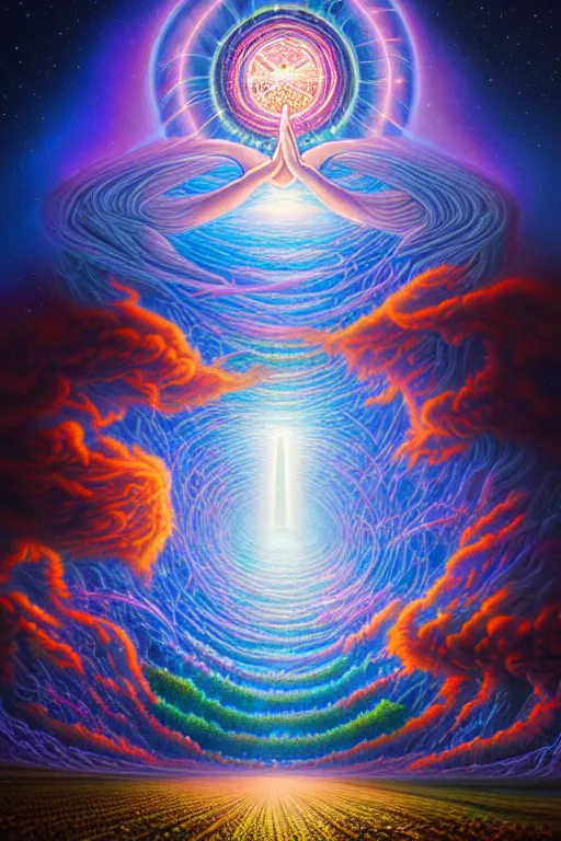 Prompt: a photorealistic detailed image of god painting reality into existence. spiritualism, wordly, utopian, triumphant, cinematic, epic, grandiose, unhinged, biology, surrealistic, by jason felix, dan mumford, kinkade, lisa frank, lois van baarle, ross tran, wpa, public works mural, orthodoxy