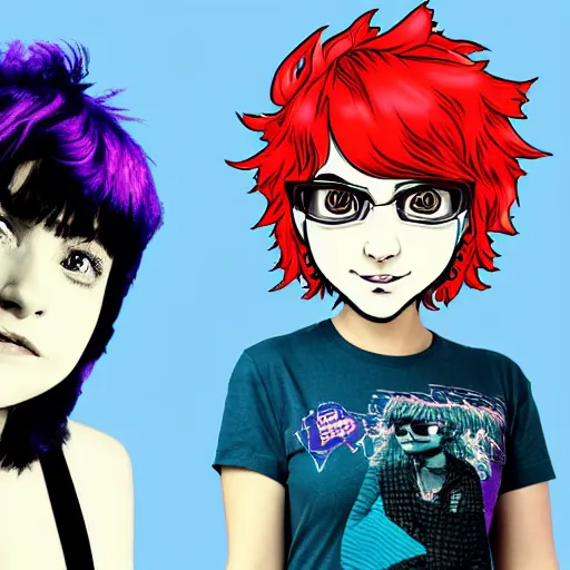 Prompt: vaporwave ramona flowers and scott pilgrim, distorted, warped, varying angles, varying locations, grid,