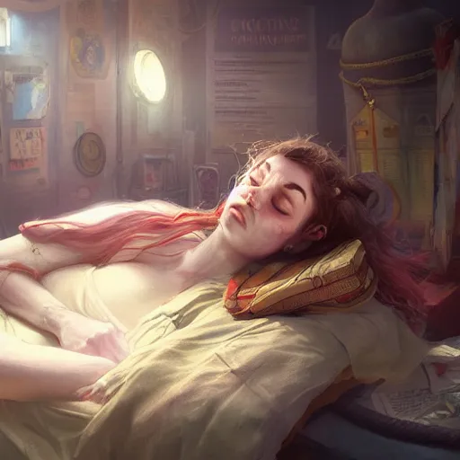 Image similar to an award winning commission of a doctor sleeping in a circus,digital art,detailed face,hyperdetailed,character design by charles bowater,greg rutkowski,artstation,deviantart,photorealistic