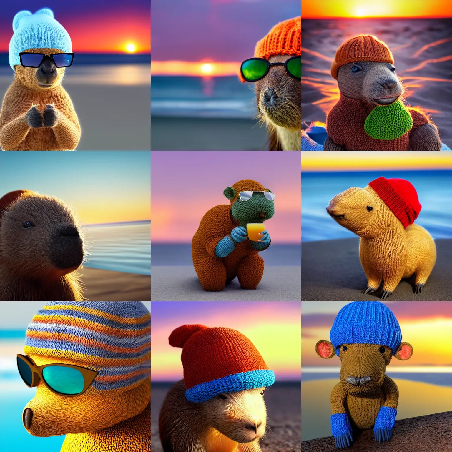 Prompt: a photorealistic photograph of a knitted cute Capybara dressed in sunglasses and a blue beanie cap. The subject is sipping a refreshing Mai Tai at the beach during sunset. The image is Trending on Artstation, featured on Behance, well-rendered, fine detail, extra crisp image, Unreal Engine, 4K HD