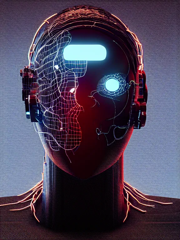 Prompt: cyborg head covered in bard wire, 3 d, in the style of blade runner, octane render, 8 k, rim lighting