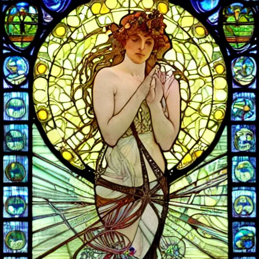 Prompt: goddess of neuroscience, nerve cells, neuron, brain, intricate, stained glass by alphonse mucha