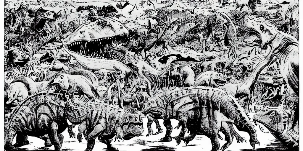 Prompt: dinosaurs in a classroom by richard corben