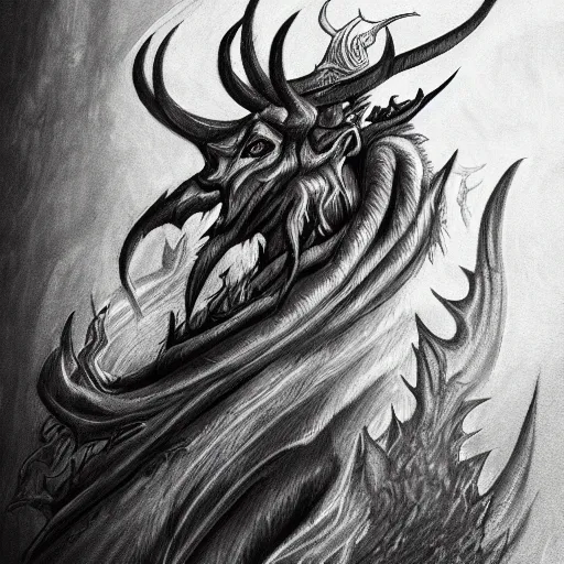 Image similar to full body grayscale drawing by Anato Finnstark of horned demon in 3/4 view, swirling flames