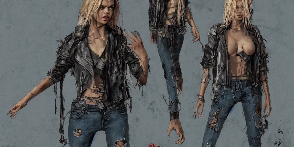 Prompt: samara weaving as a wanderer with tattooed neck, wearing a scratched leather and ripped leather jeans, wearing an aviator outfit with a colorful stamp on its back, character sheet, fine details, props, concept design, contrast, kim jung gi, greg rutkowski, trending on artstation, 8 k, full body, turnaround, front, back, ultra wide angle