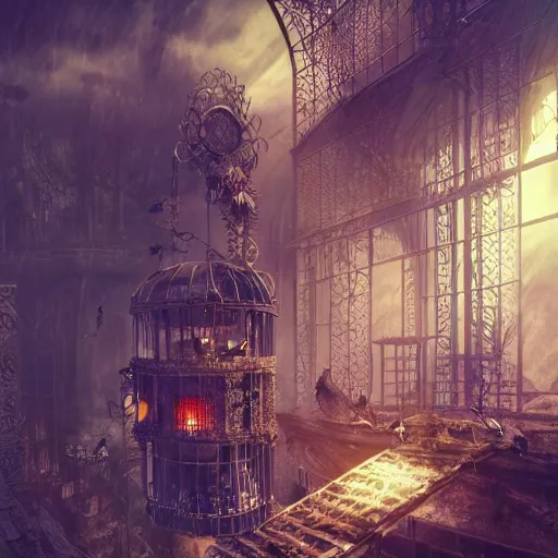 Prompt: intricate cage with bird of paradise steampunk, matte painting, cinematic, epic composition, detailed, atmospheric, wide angle, artstation trending