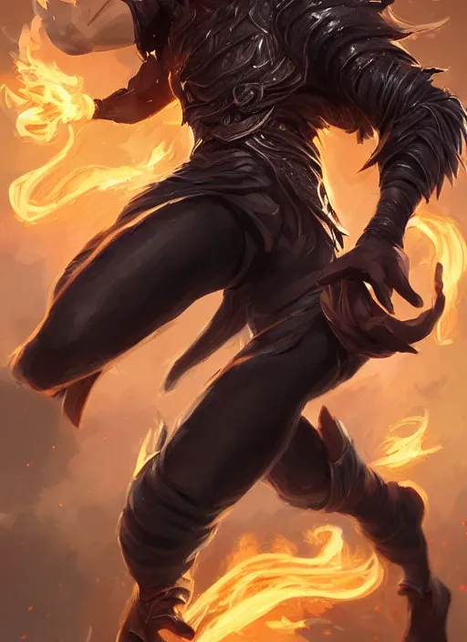 Image similar to a highly detailed illustration of attractive young black guy with tall hair with flaming feet, heroic kicking pose, intricate, elegant, highly detailed, centered, digital painting, artstation, concept art, smooth, sharp focus, league of legends concept art, wlop