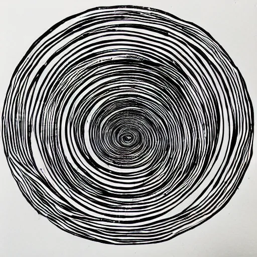 Image similar to an infinite spiral, micron pen drawing, black ink, brutalist