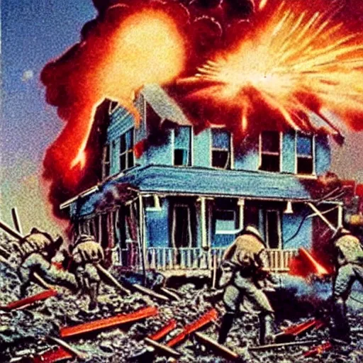 Prompt: color photo from the 80s, the shelling of a house in New York by Soviet soldiers, Many soldiers,epic style, a bunch of explosions, realistic style