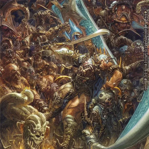 Image similar to art by donato giancola and bayard wu and gustav moreau and wayne barlowe, a fantasy cinematic close up shot of a dwarf berserker, fighting a horde of rats, warhammer, dnd, fighting monsters,