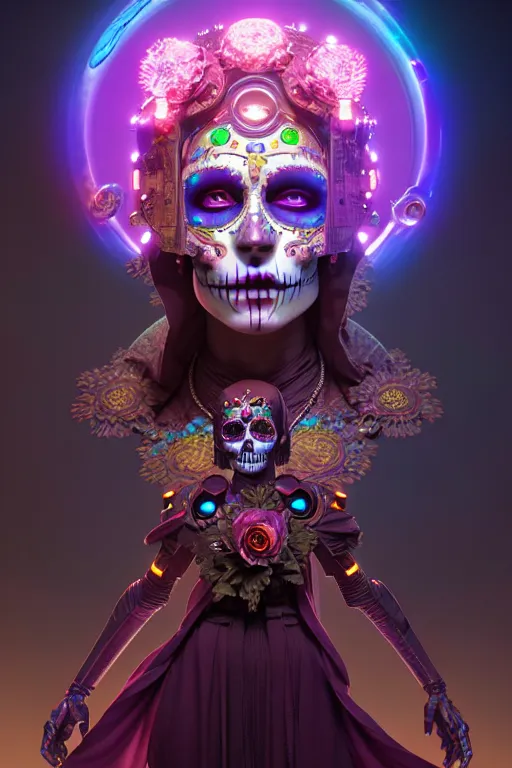 Prompt: ultra detailed female android deity, wearing a cloak, flower punk, scifi, fantasy, octane render, unreal engine, dia de los muertos, asymmetrical intricate concept art, triadic color, art by artgerm and greg rutkowski and alphonse mucha, 8 k