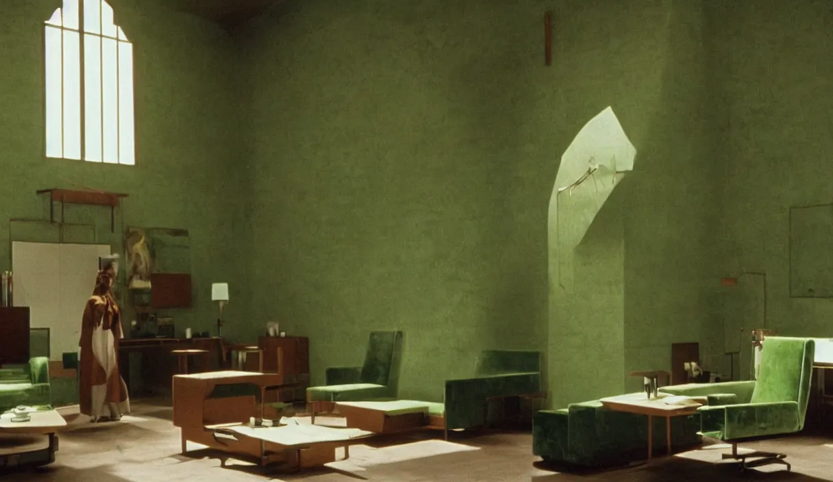 Image similar to a still of severance series indoor 7 0 s green velvet and wood with metal furniture office scenario appearing in a film of jodorowsky, in movie holy mountain ( 1 9 7 3 )