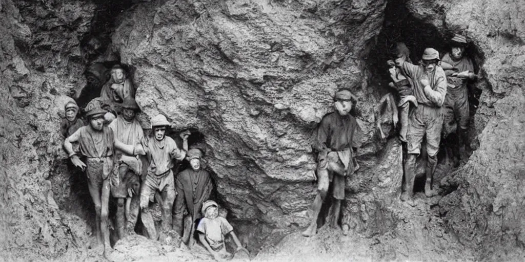 Prompt: explorers looking fearful as something emerges from a dark cave, 1 9 0 0 s photograph