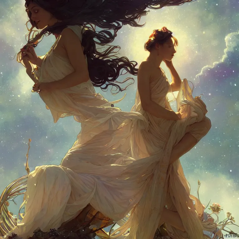 Image similar to Pandora dreaming against the backdrop of the universe, full body, digital painting, artstation, concept art, sharp focus, cinematic lighting, illustration, art by artgerm and greg rutkowski, alphonse mucha, cgsociety