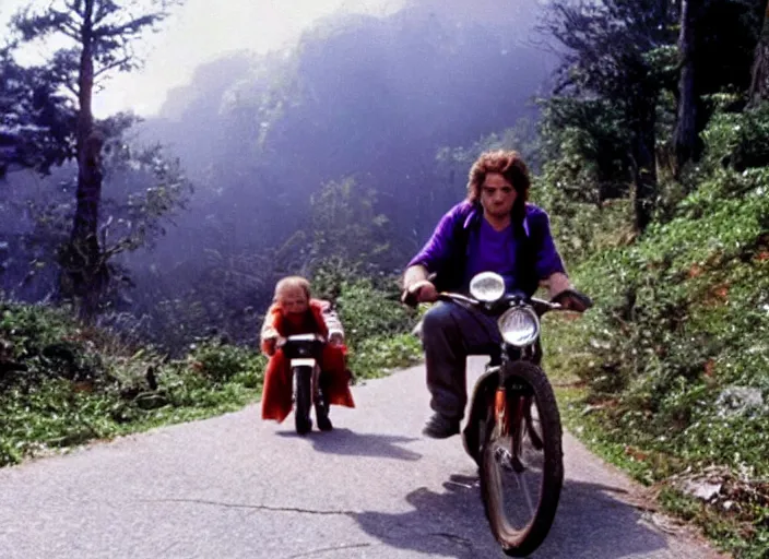 Image similar to film still of thanos riding a small childrens bike down a steep mountain road in the goonies 1 9 8 5