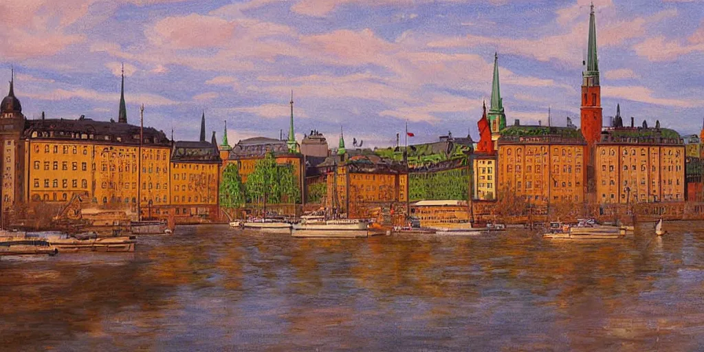 Prompt: stockholm city, volumetric lighting, spring early, nice slight overcast weather, realistic illustration, perfectly shaded, ( golden hour ), soft painting, low angle, art by sven nordqvist