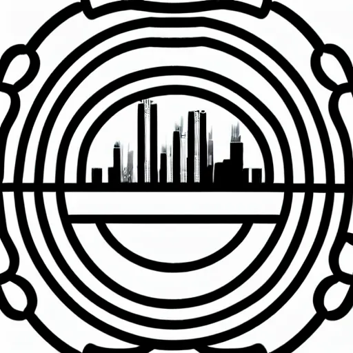 Image similar to a perfect circle where the inside is empty blank space and around the outer edge of the circle is the silhouette of a city skyline, black and white, minimalist, in the style of a line drawing