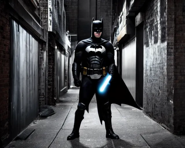 Prompt: a high definition photograph of Batman holding a lightsaber in a New York City alleyway, serious face, moody lighting, high contrast, dark background, window lights