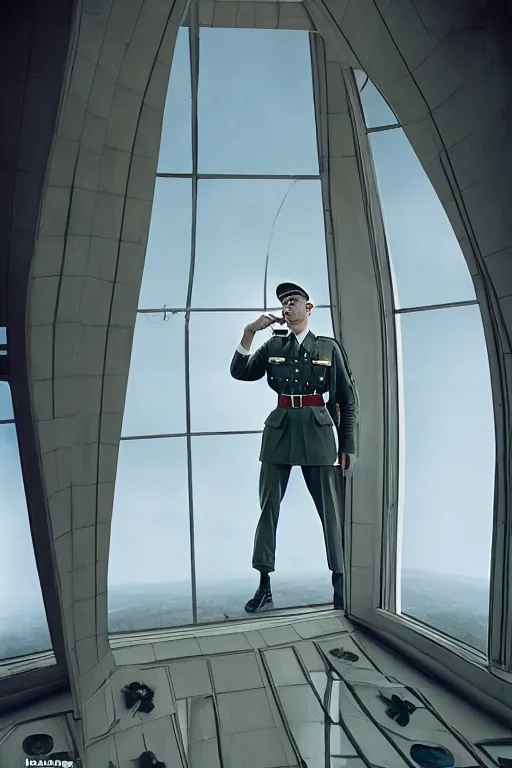 Prompt: kodak portra 5 0 mm f 4 full body portrait photography of a wwii airborne infantry soldier who's a mix of gillian anderson and adam driver, looking exhausted, setting is inside a sci fi megastructure tower looking out a window, photo by erwin olaf