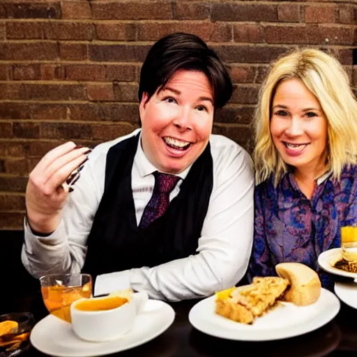 Image similar to portait of michael mcintyre and middle aged blonde woman with short hair and a blonde woman with long hair having dessert at sunday in brooklyn restaurant