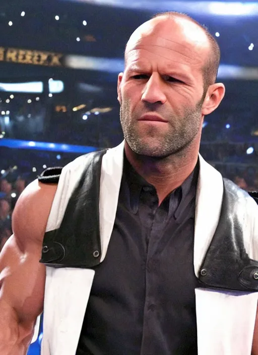 Image similar to jason statham entering entrances ramp of smackdown as samurai!