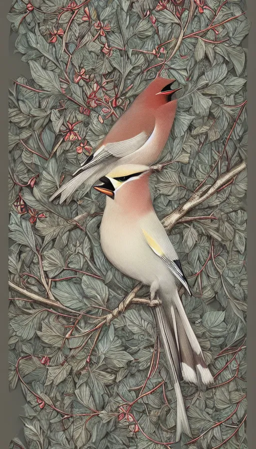 Image similar to ethereal bohemian waxwing bird, bombycilla garrulus + intricate details, ornate, detailed illustration, octane render + johanna rupprecht style, william morris style + trending on artstation.