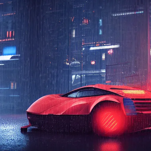 Image similar to a picture of a car in the rain, cyberpunk art by fyodor vasilyev, zbrush central contest winner, cubo - futurism, synthwave, darksynth, retrowave