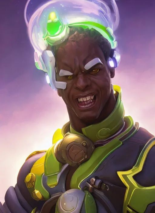 Image similar to character portrait of a fusion of Lucio from Overwatch and Doomfist from Overwatch by ArtGerm and Tom Bagshaw, 4k, highly detailed, cinematic lighting, characters merged